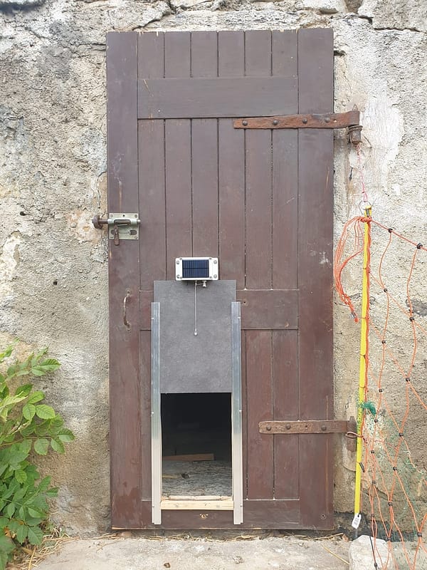 The solar Terceira on a large wooden chicken coop door.