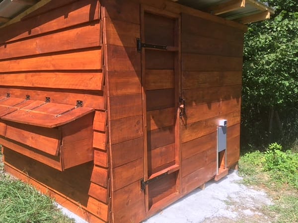 Wooden garden cottage used as a chicken coop with an automatic solar door